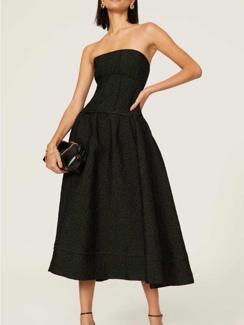 SIMKHAI London Dress - Strapless Black Midi with Structured Bodice